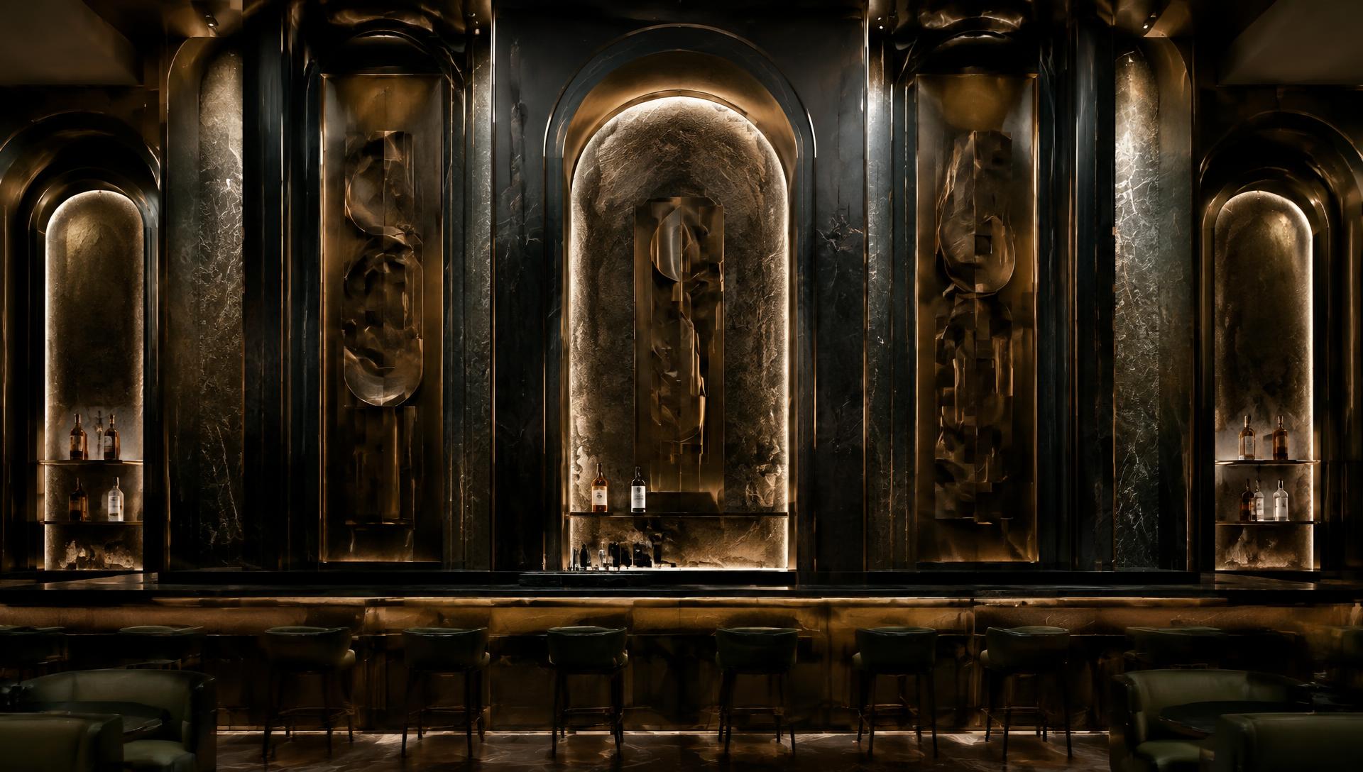 The sculptural back bar: dark stone, bronze relief panels and lit arched niches holding a few bottles