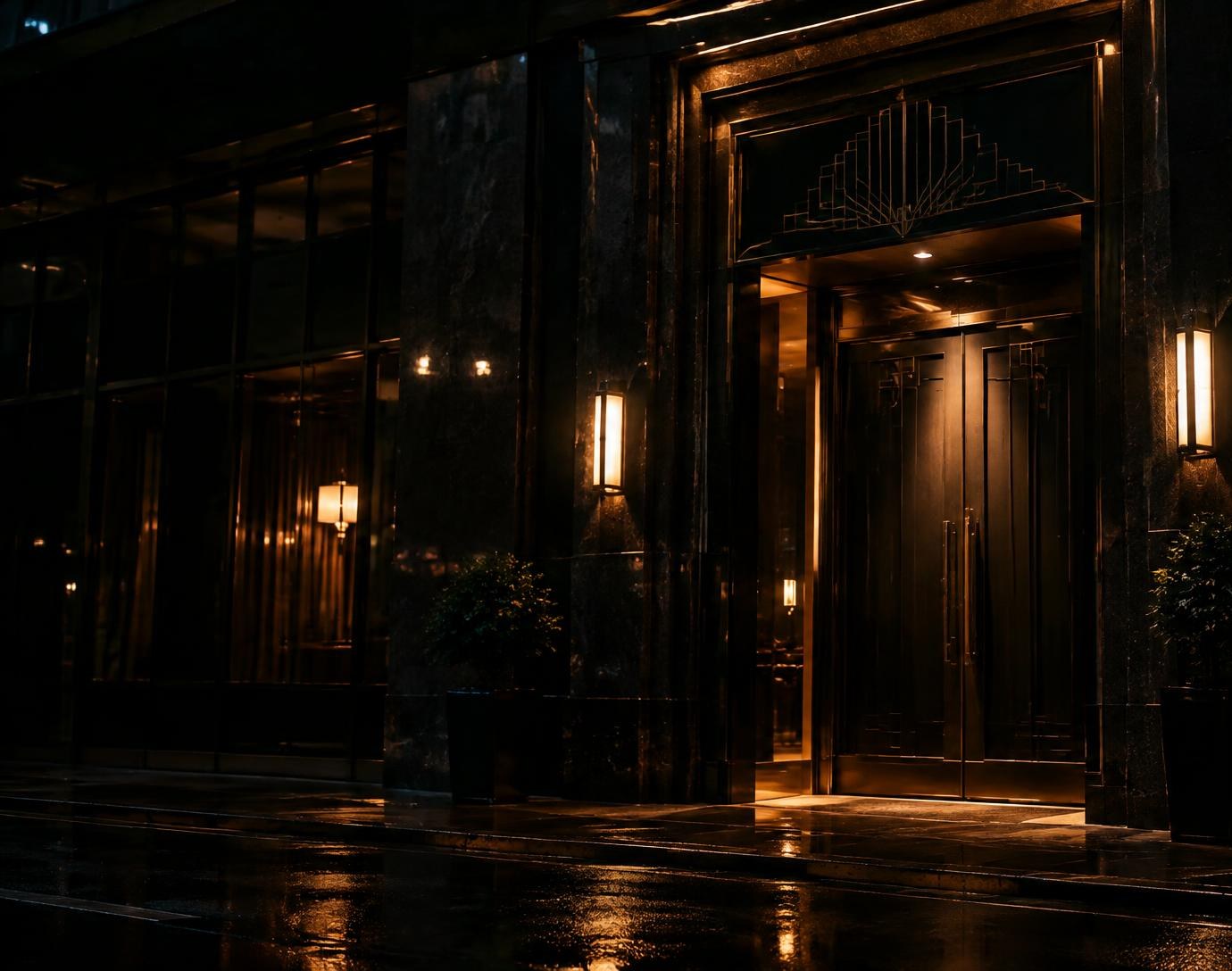 The discreet bronze entrance of BIN 21 at night on a rain-wet street