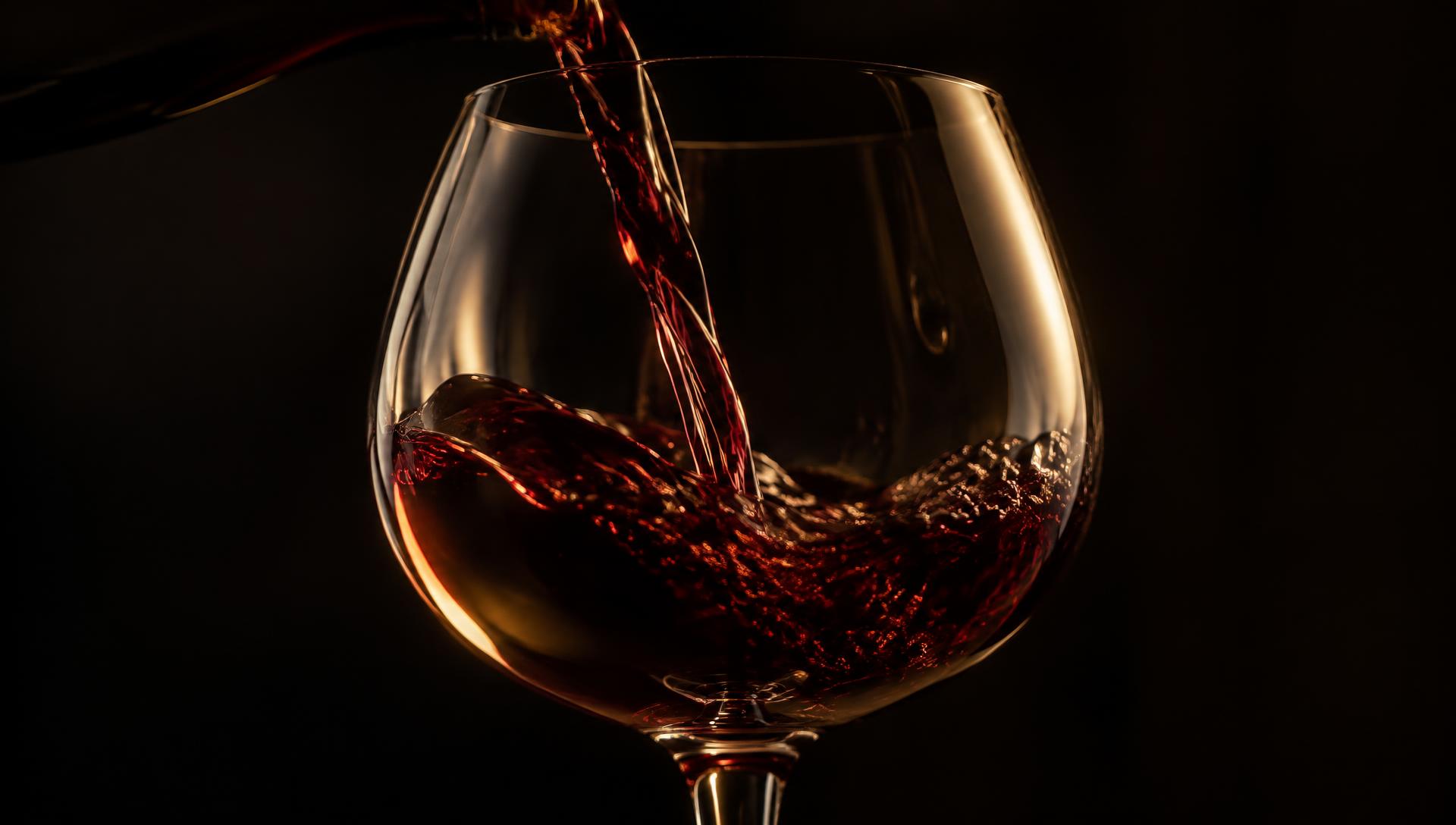 Red wine pouring into an oversized stemmed glass against darkness