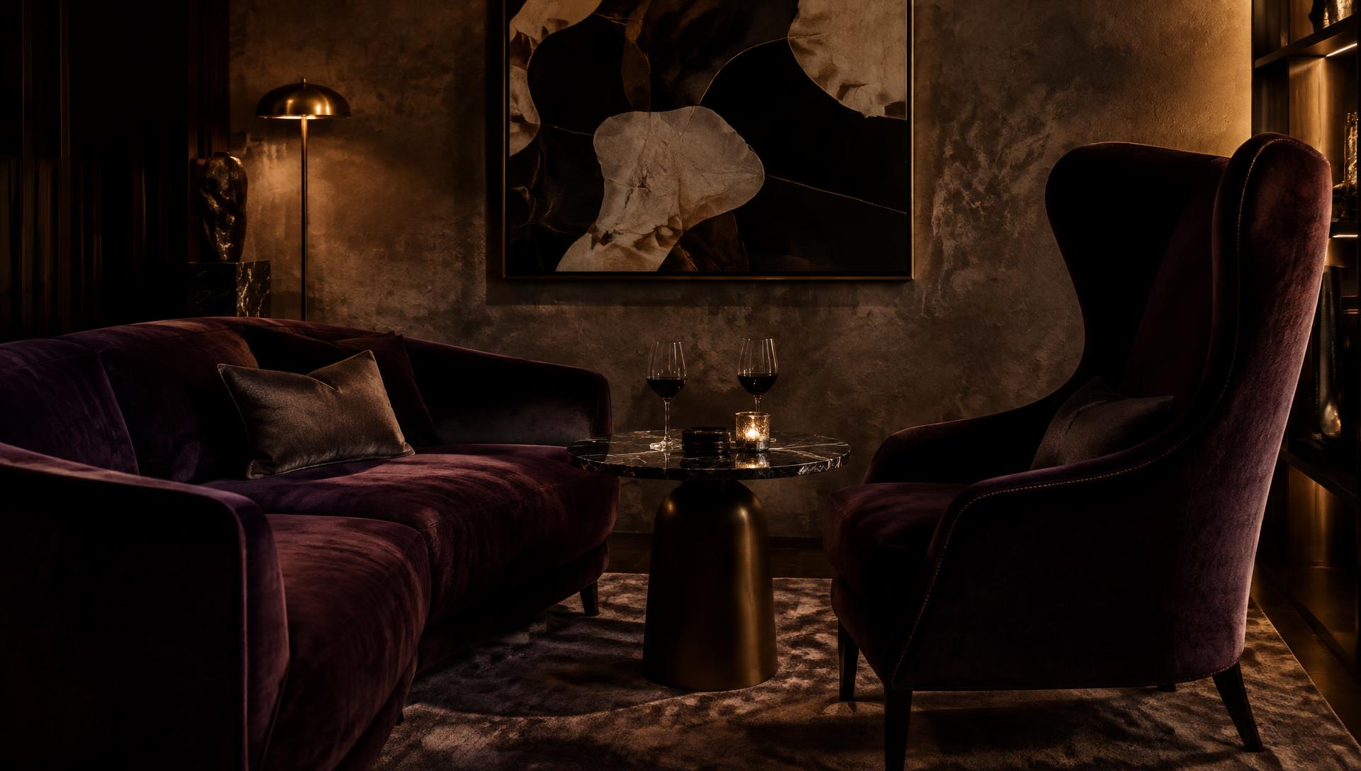 A deep aubergine velvet sofa and winged high-back chair around a marble side table with two glasses of red wine